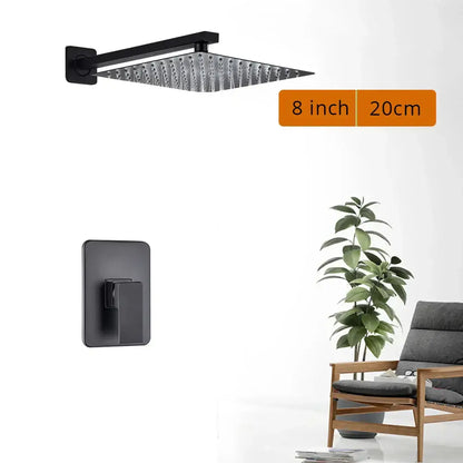 Modern matte black rainfall shower head and shower faucet set with textured square showerhead and wall-mounted control panel
