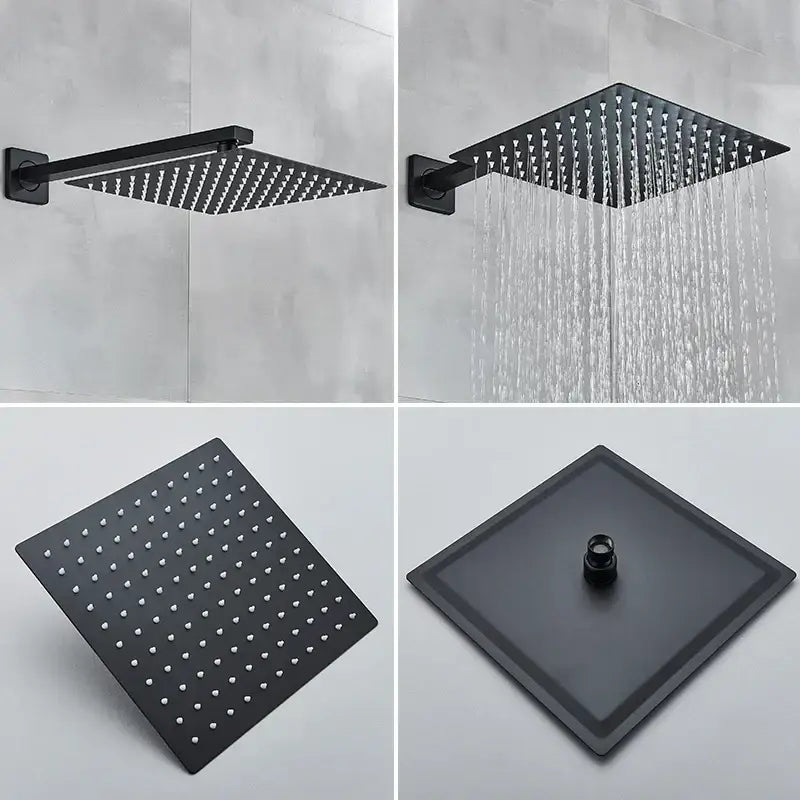 Modern matte black rainfall shower head with black matte finish and grid nozzles in a shower faucet set