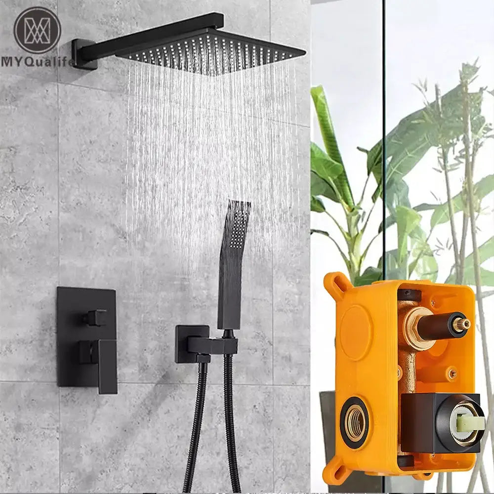 Modern matte black rainfall shower set with square matte-finish rain shower head handheld and wall-mounted control valve