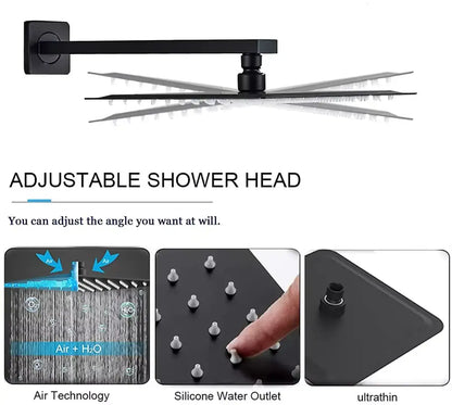 Black matte-finish adjustable shower head with square wall mount and multiple nozzles in modern rainfall set bathroom