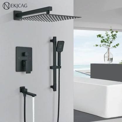 Modern matte black rainfall shower with slider bar featuring a rectangular rain shower head and handheld showerhead black rainfall shower
