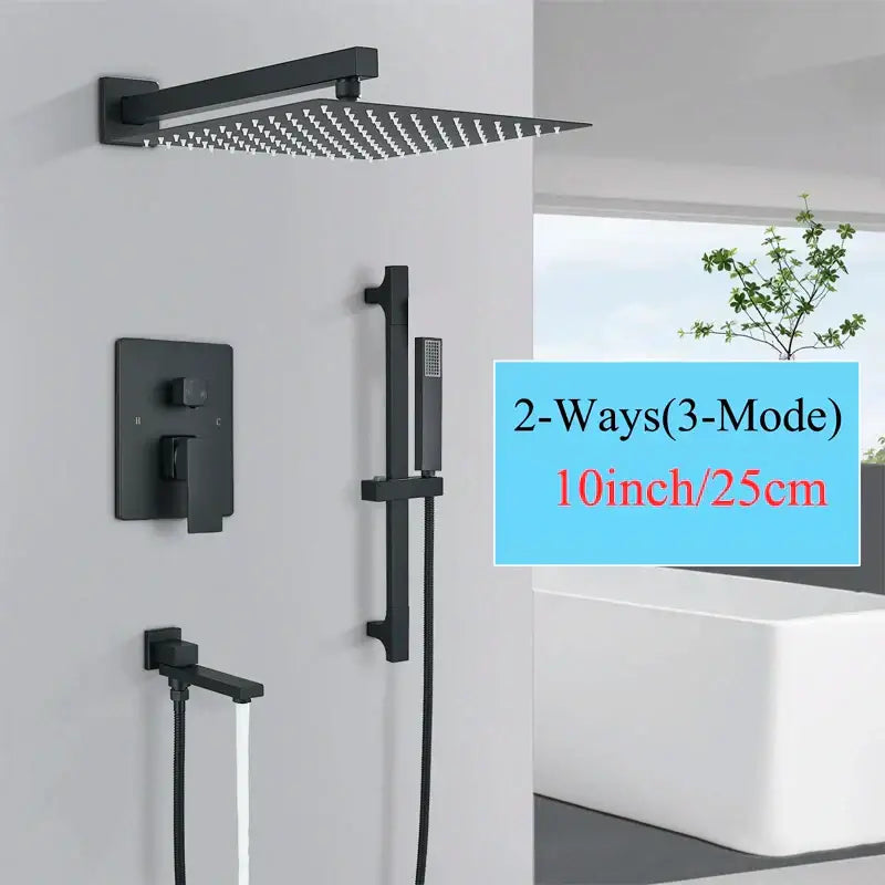Modern matte black rainfall shower set featuring a black matte-finish square rainfall shower head with slider bar