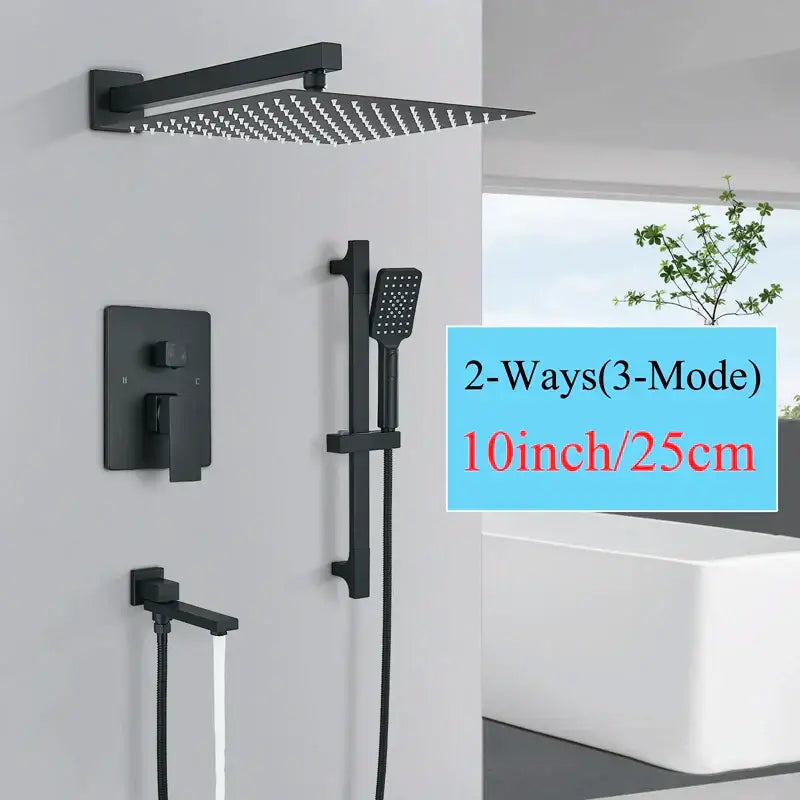 Black matte-finish square rainfall shower head with small nozzles and integrated wall mount in decorbites black rainfall set
