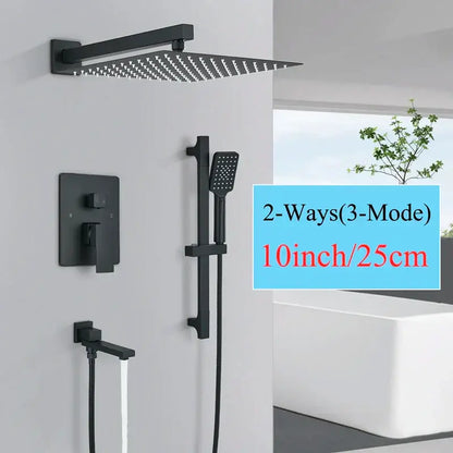 Black matte-finish square rainfall shower head with small nozzles and integrated wall mount in decorbites black rainfall set