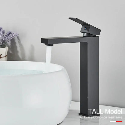 Modern matte black rectangular basin faucet mixer with tall black matte finish for bathroom use