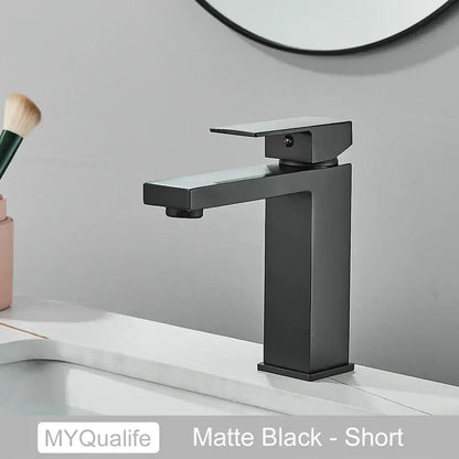 Modern matte black rectangular basin faucet mixer with short spout for contemporary bathroom use
