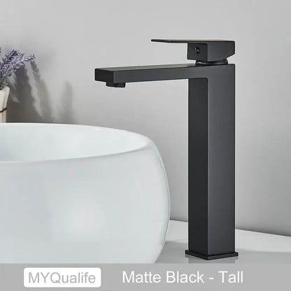Modern matte black rectangular basin faucet mixer with a tall minimalist design for bathroom use