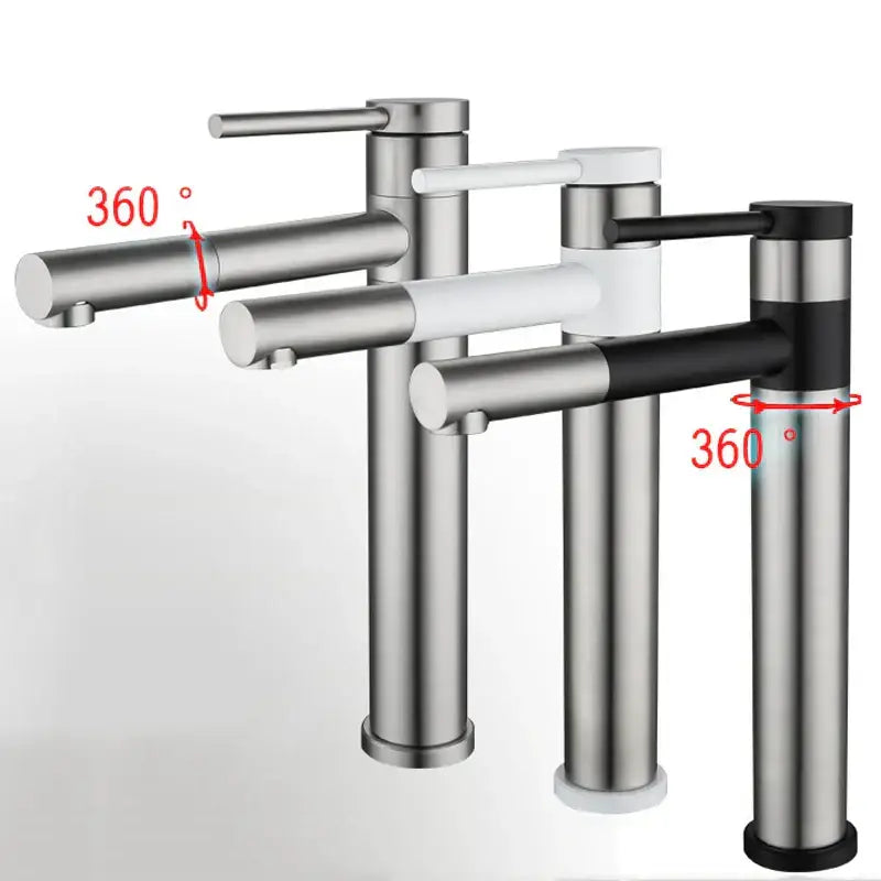 Modern matte black rotating basin faucet with sleek stainless steel body and 360-degree swivel rotating basin spout