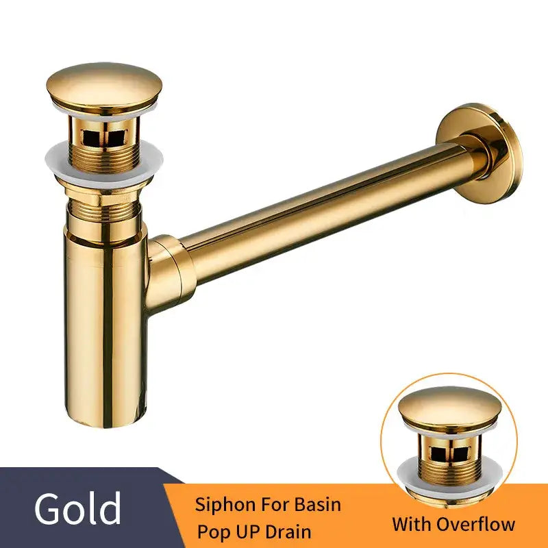 Modern matte black round bottle trap with a gold-colored brass basin siphon and pop-up drain overflow feature