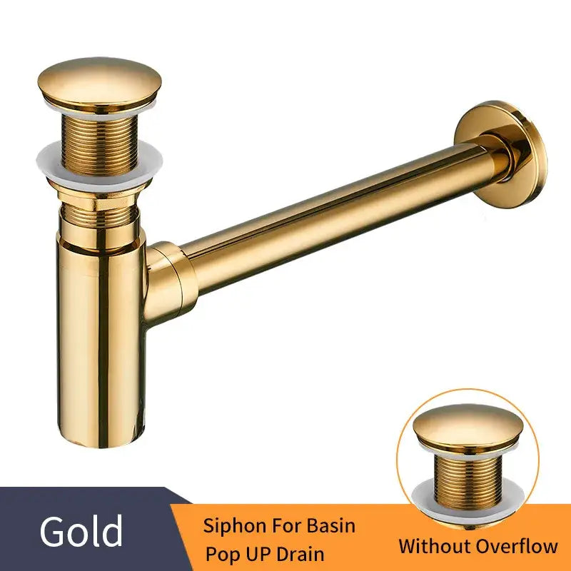 Modern matte black round bottle trap with gold-colored basin pop-up drain siphon featuring sleek polished finish and threaded top