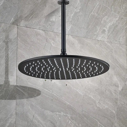 Modern matte black round brass rain shower head with black matte finish and triangular spray nozzles