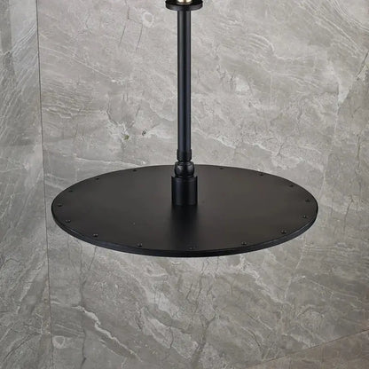 Modern matte black round brass rain shower head with black metal industrial-style pendant light and circular base