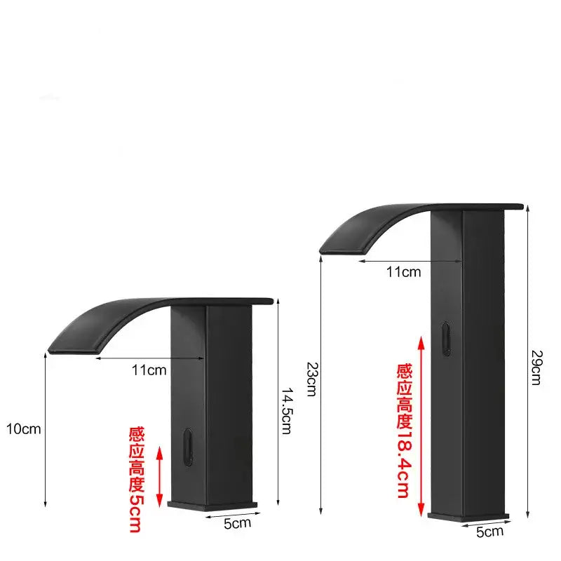 Modern matte black sensor waterfall basin faucet with sleek curved spout and rectangular base by decorbites black sensor