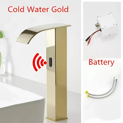 Modern matte black sensor waterfall basin faucet with cold water gold finish and wireless integrated sensor technology