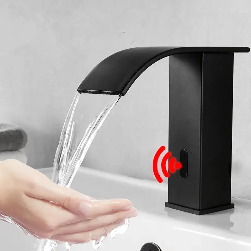 Modern matte black sensor waterfall basin faucet with sleek curved spout and black sensor waterfall technology