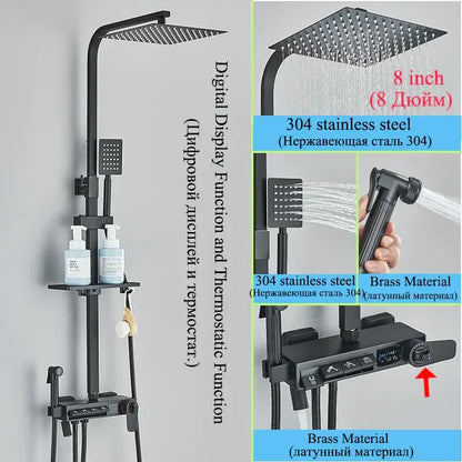 Modern matte black shower faucet set with 8-inch 304 stainless steel rain shower head and digital thermostatic control unit