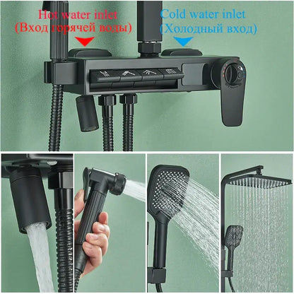 Modern matte black shower faucet set with multiple spray heads and digital control panel in rainfall column design