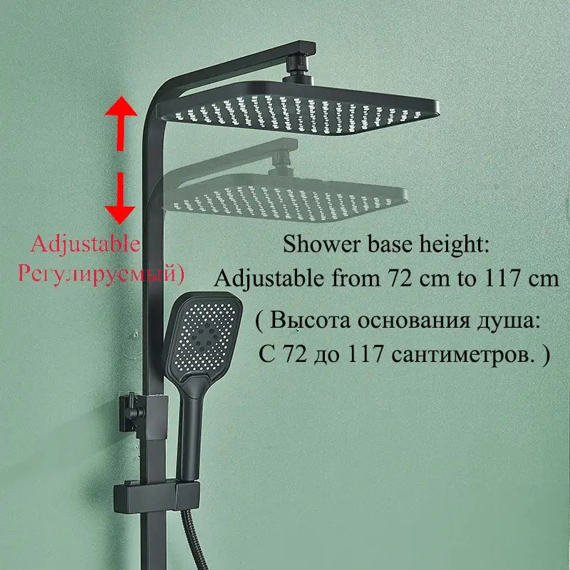 Modern matte black shower faucet set with adjustable square rainhead and handheld spray for bathroom digital rainfall column