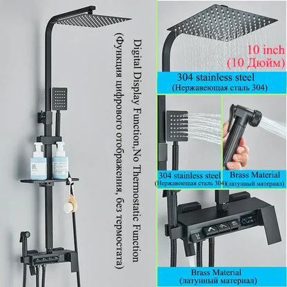 Modern matte black shower faucet set with black 304 stainless steel, brass, square rainhead, handheld sprayer, and digital control panel