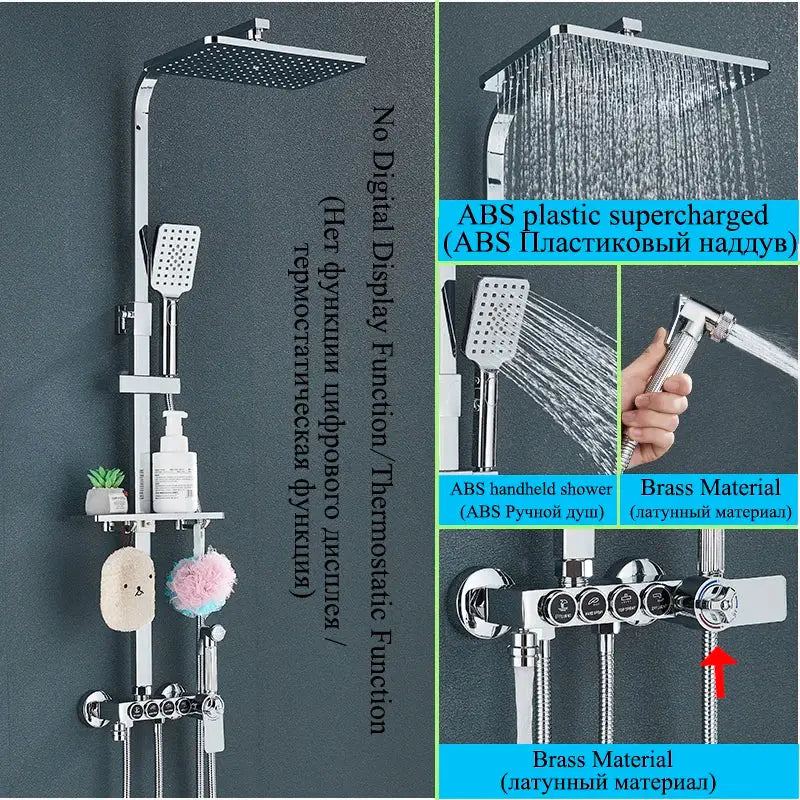 Modern matte black shower faucet set with chrome square rainhead handheld spray nozzle and brass mixing valve
