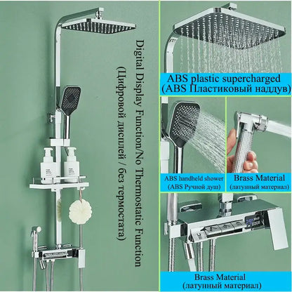 Modern matte black shower faucet set with chrome finish rainhead handheld shower and digital display control panel