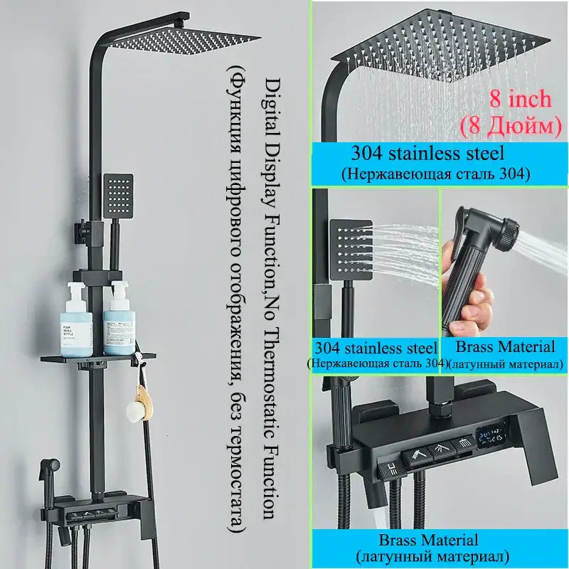 Modern matte black shower faucet set with 304 stainless steel rain shower head digital display and handheld spray nozzle