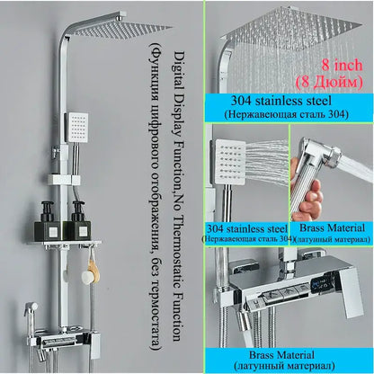 Modern chrome-finished shower faucet set with square rainhead, handheld spray, and digital display control panel
