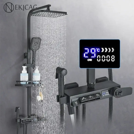 Modern matte black shower faucet set with digital display and rainhead for bathroom rainfall column use