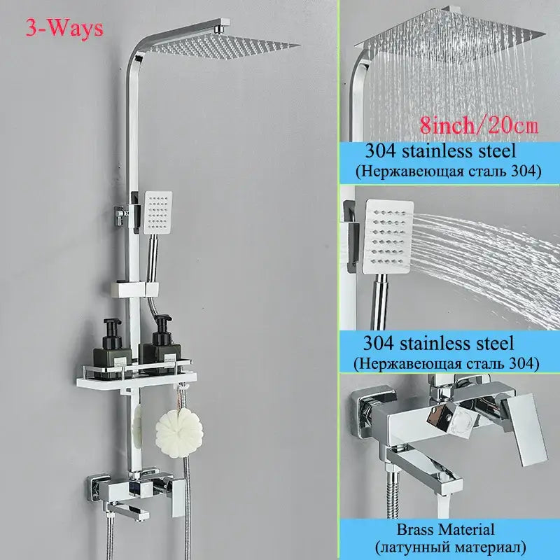 Modern matte black shower faucet set with chrome 3-way system, square rainhead, handheld nozzle, and 304 stainless steel faucet set