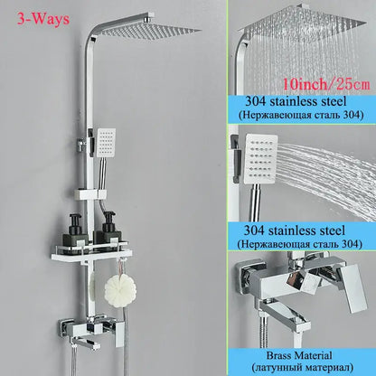 Modern matte black shower faucet set featuring a chrome-finished 3-way system with square rainhead and brass faucet assembly