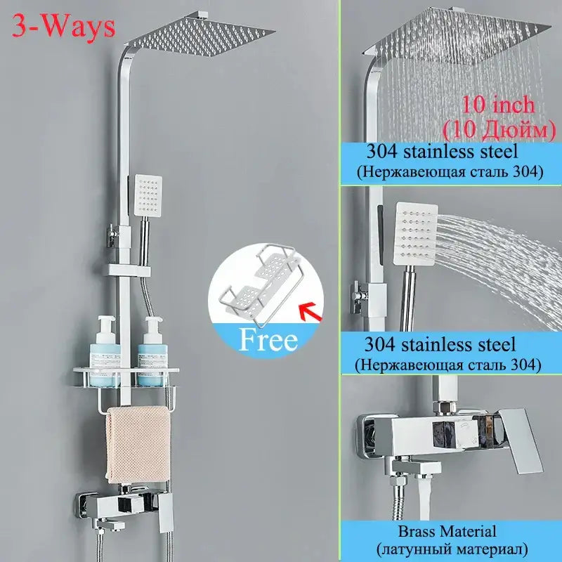 Modern chrome-finished shower faucet set with 3-way square rainhead handheld spray and integrated shelf for bathroom use