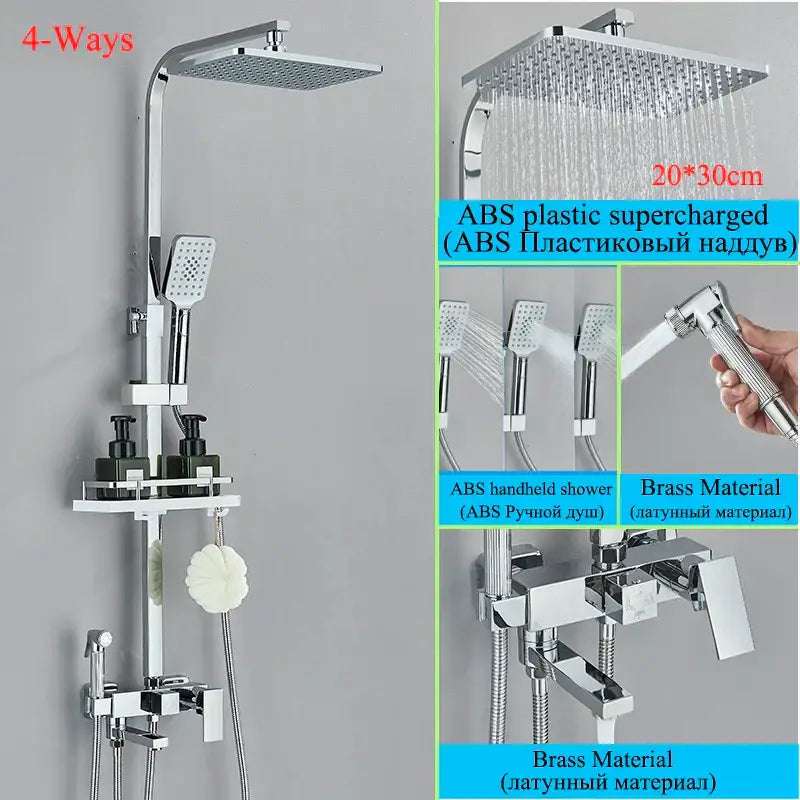 Modern matte black shower faucet set with chrome finished 4-way system, square rainhead, handheld spray, and brass valve