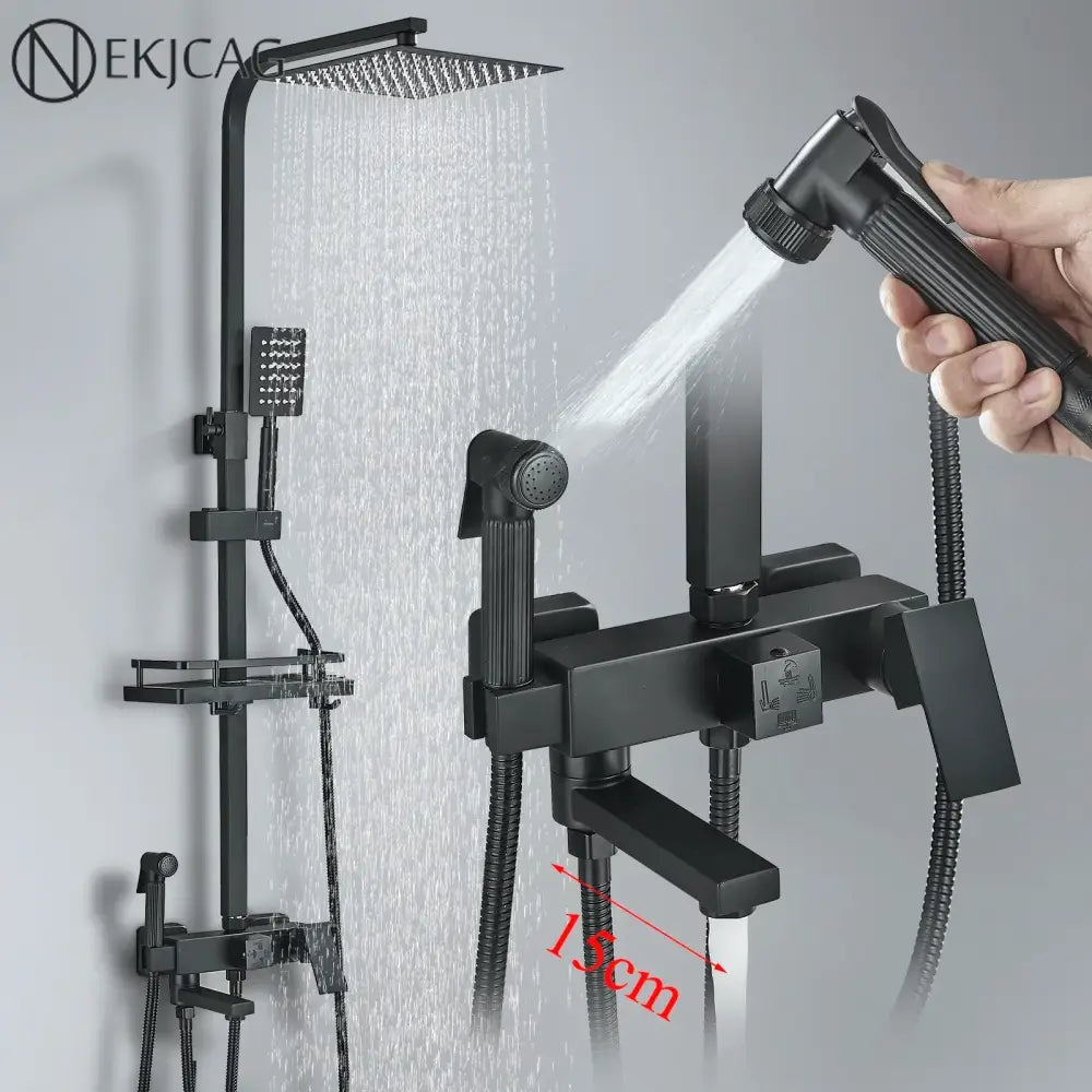 Modern matte black shower faucet set with square rainhead, handheld sprayer, and wall-mounted faucet assembly