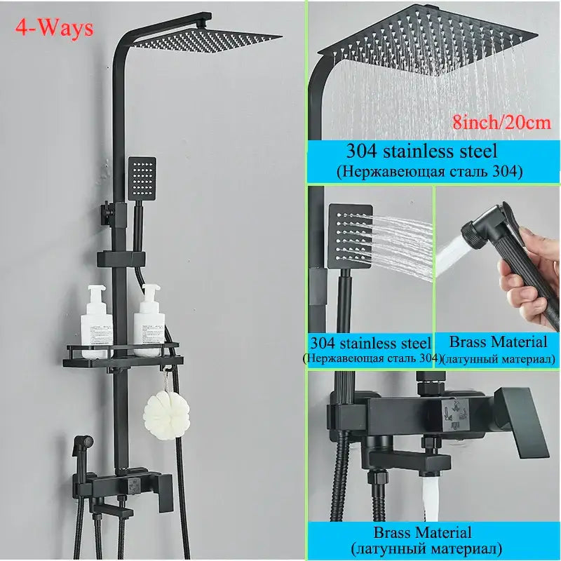 Modern matte black shower faucet set with black matte 304 stainless steel and brass rainhead and handheld spray
