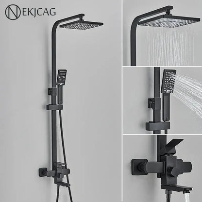 Modern matte black shower faucet set with black matte finish and square rainhead handheld spray nozzle faucet set
