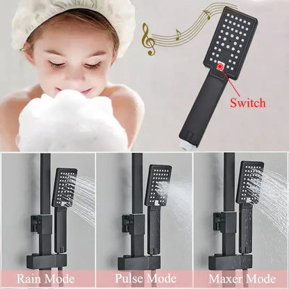 Modern matte black shower faucet set with a black rectangular textured showerhead and a red switch button