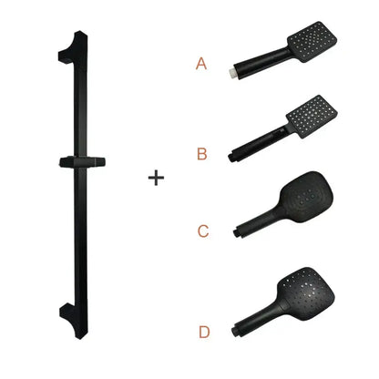 Modern matte black shower slider rail set with four matching black handheld showerheads labeled a to d for decorbites black shower