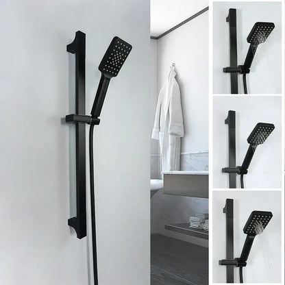 Modern matte black shower slider rail set with rectangular rainhead in black matte finish by decorbites black shower
