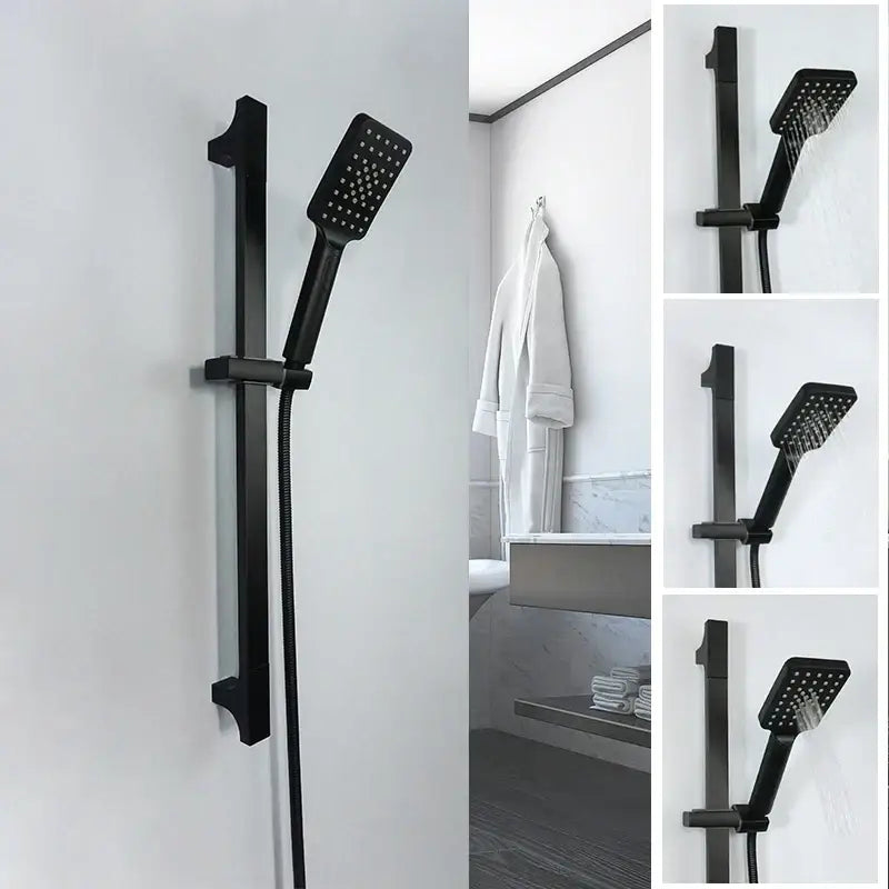 Modern matte black shower slider rail set with rectangular rainhead in black matte finish by decorbites black shower