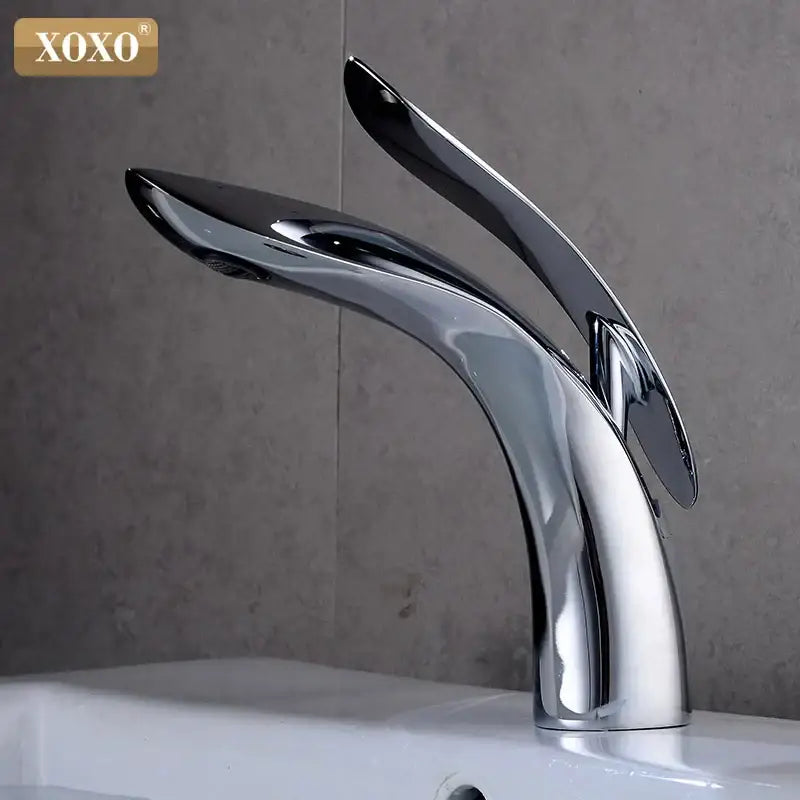 Chrome-finished xoxo brand basin faucet with two curved handles and single spout for modern bathroom decorbites gold single style