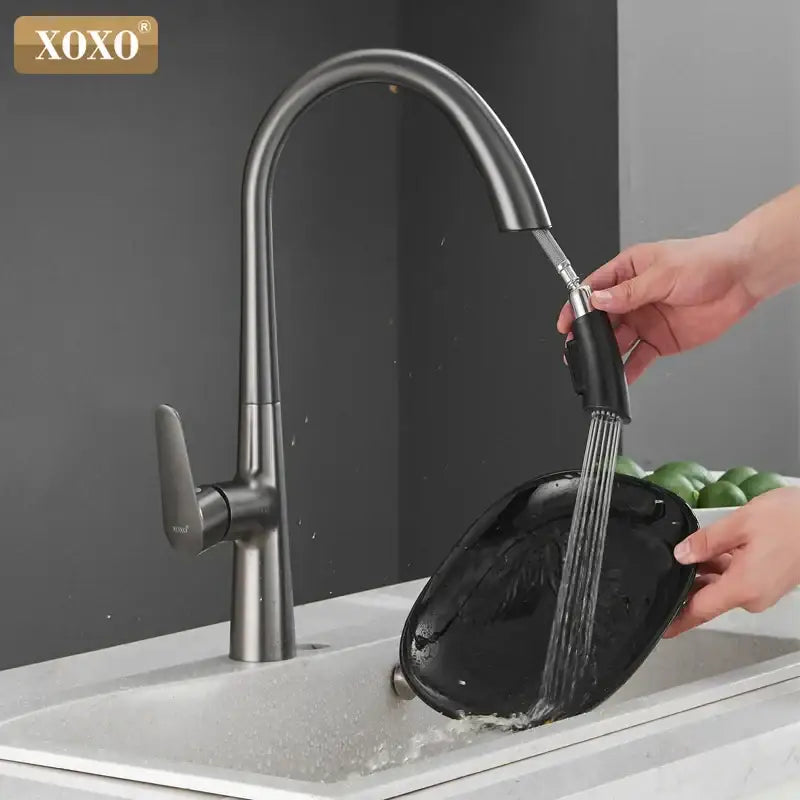 Modern matte black single handle pull out kitchen faucet by xoxo with sleek decorbites black single handle design