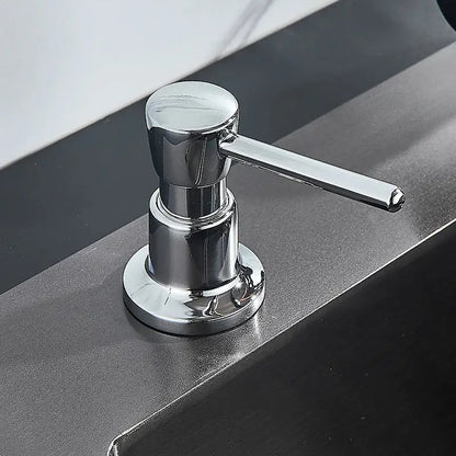Modern matte black soap dispenser with chrome-finished stainless steel head and long horizontal pump handle for kitchen use