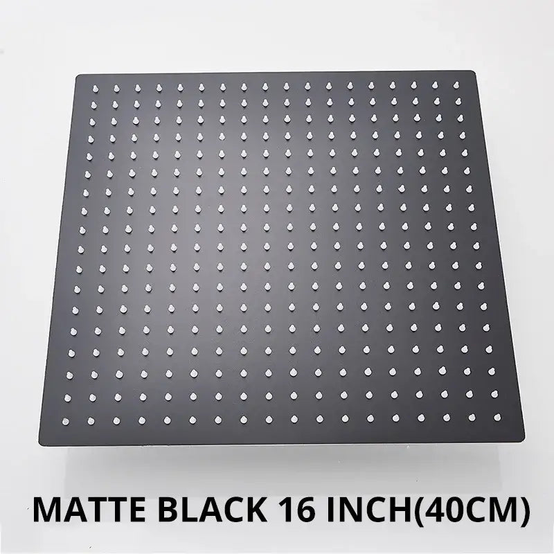 Modern matte black 16-inch square rainfall shower head with a grid of rounded white nozzles for bathroom fixture