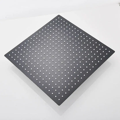 Modern matte black square rainfall shower head with evenly spaced white nozzles for an elegant rainfall shower experience