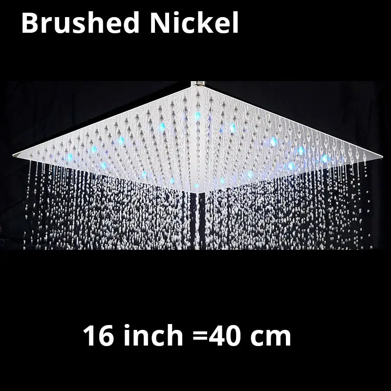 Brushed nickel square rainfall shower head with blue led lights and multiple spray nozzles for modern bathroom use