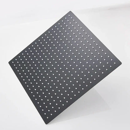 Black square metal rainfall shower head with evenly spaced white circular holes and modern matte finish