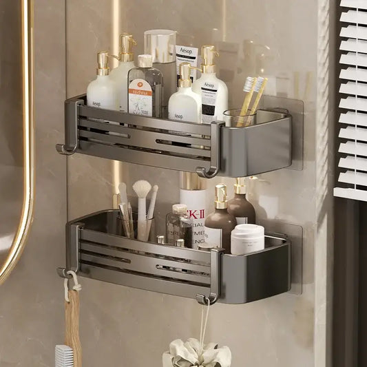 Modern matte black stainless steel corner shelf organizer with two-tiered slatted design and integrated hooks for bathroom storage