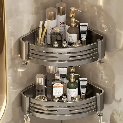 Silver two-tier corner shelf organizer made of stainless steel with horizontal slats for modern bathroom storage