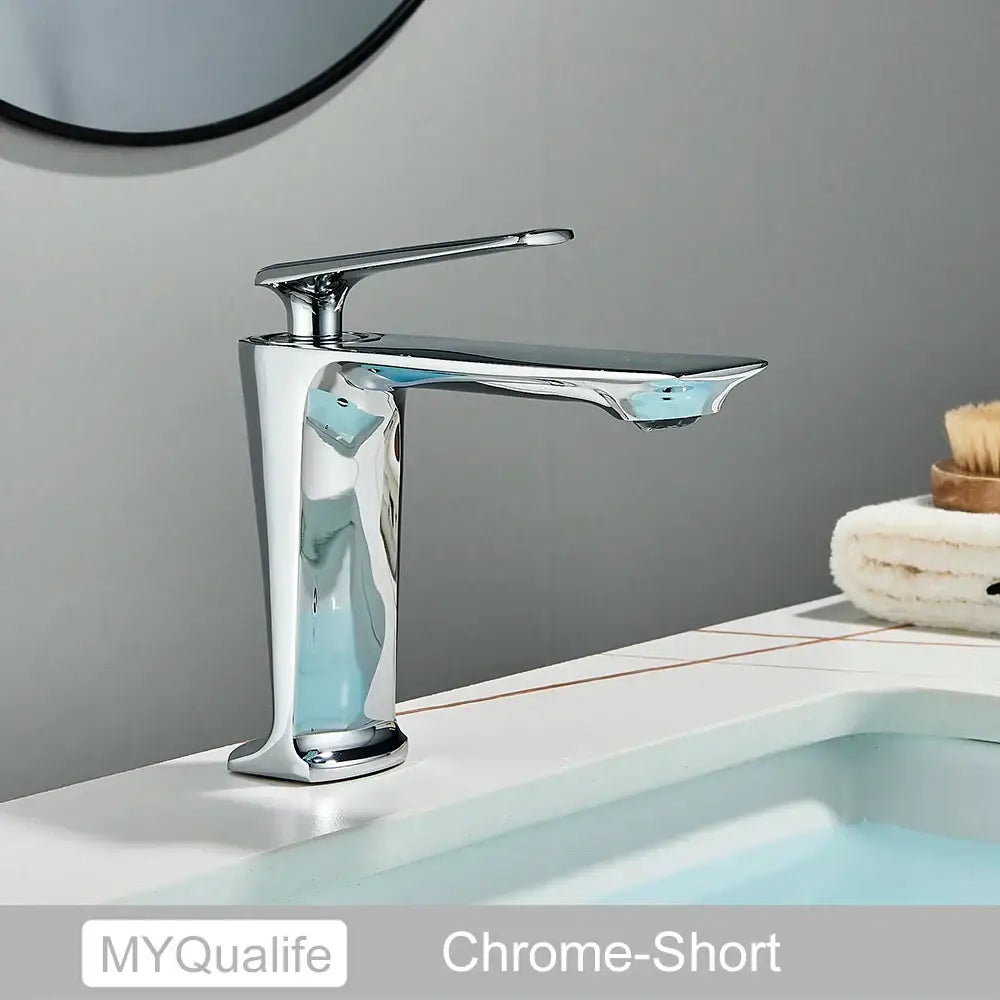 Chrome-finished short bathroom faucet with sleek flat spout for modern decorbites black tall basin brass sink tap
