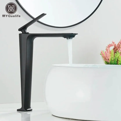 Modern matte black tall basin brass faucet with sleek angular design for bathroom sink by decorbites black tall